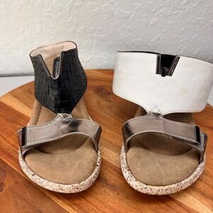 Modzori Reversible Wedge Sandals Womens 9 Black White Silver Metallic‎ Woven